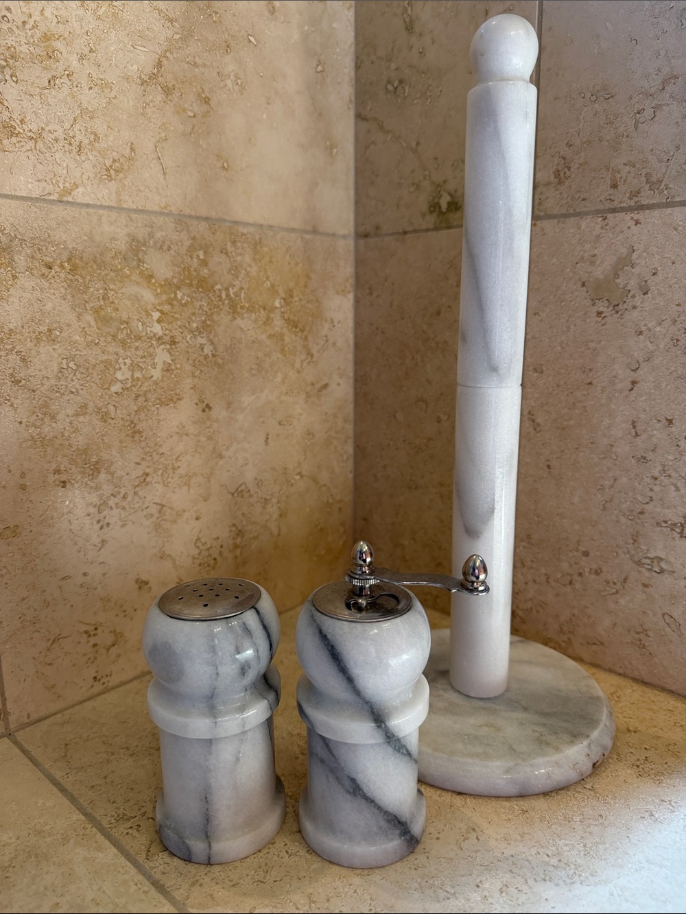 Vintage Marble Salt & Pepper Shakers with Paper Towel Holder - White Gray